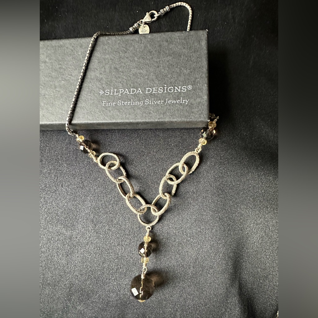 New In Box! Smoky Quartz, Citrine And Engraved Sterling Silver Necklace!